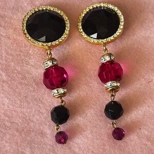Vintage 90's Les Bernaud Signed Elegant Black and Pink Dangle Earrings